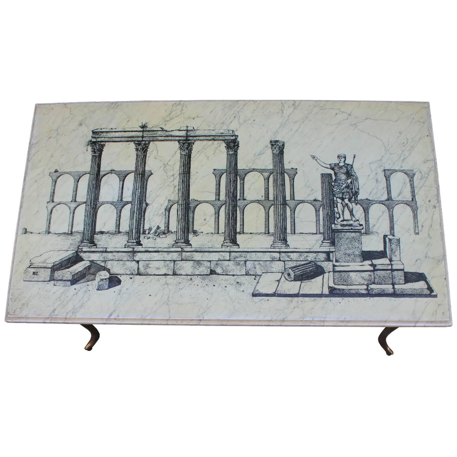 Hollywood Regency Pair of Italian Marble and Brass Modern Side Tables with Aqueduct Motif