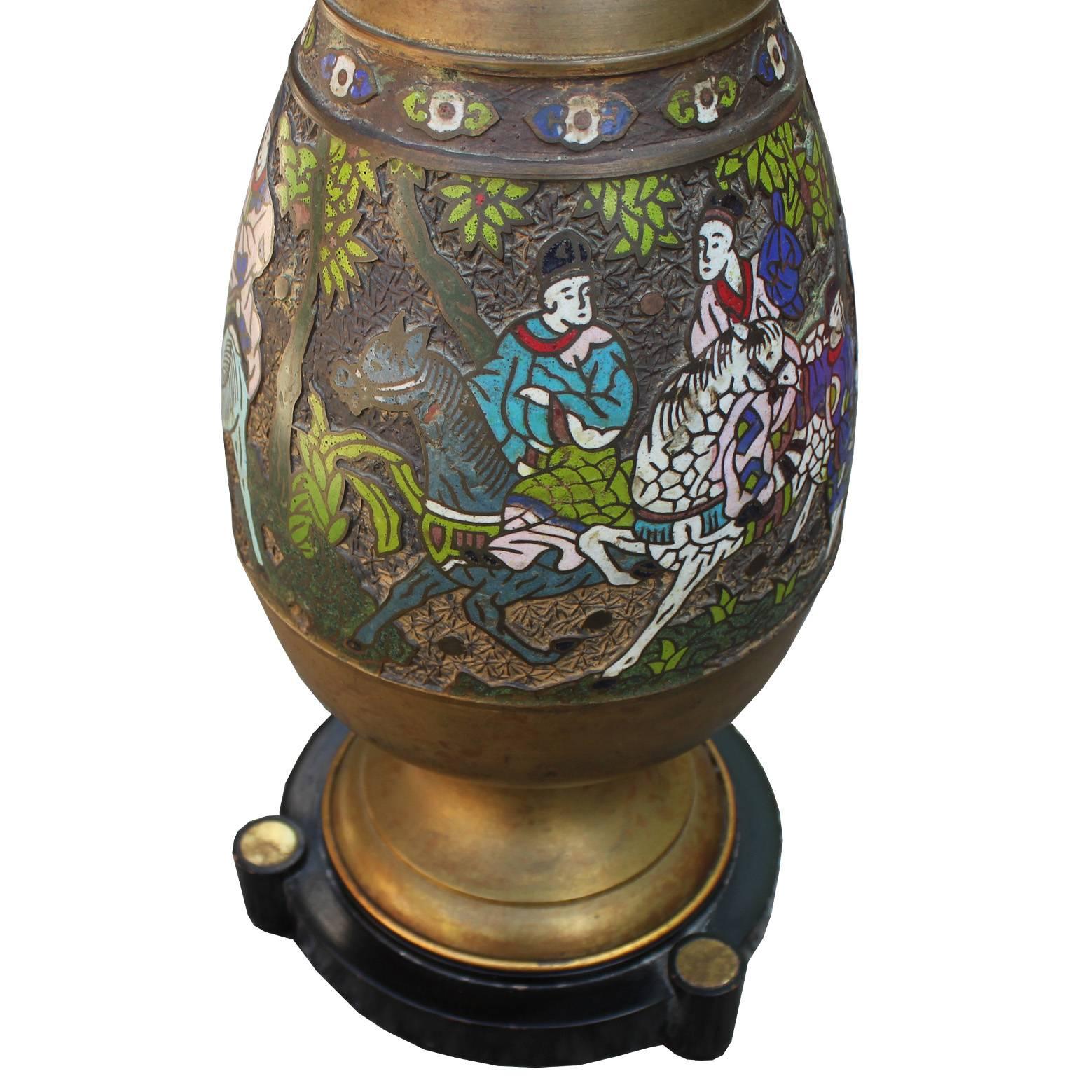 Fabulous Chinese style bronze cloisonné lamp by Marbro. Bronze and enamel lamp features a colorful figural motif.