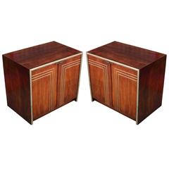 Striking Pair of Walnut Nightstands with Brass Accents