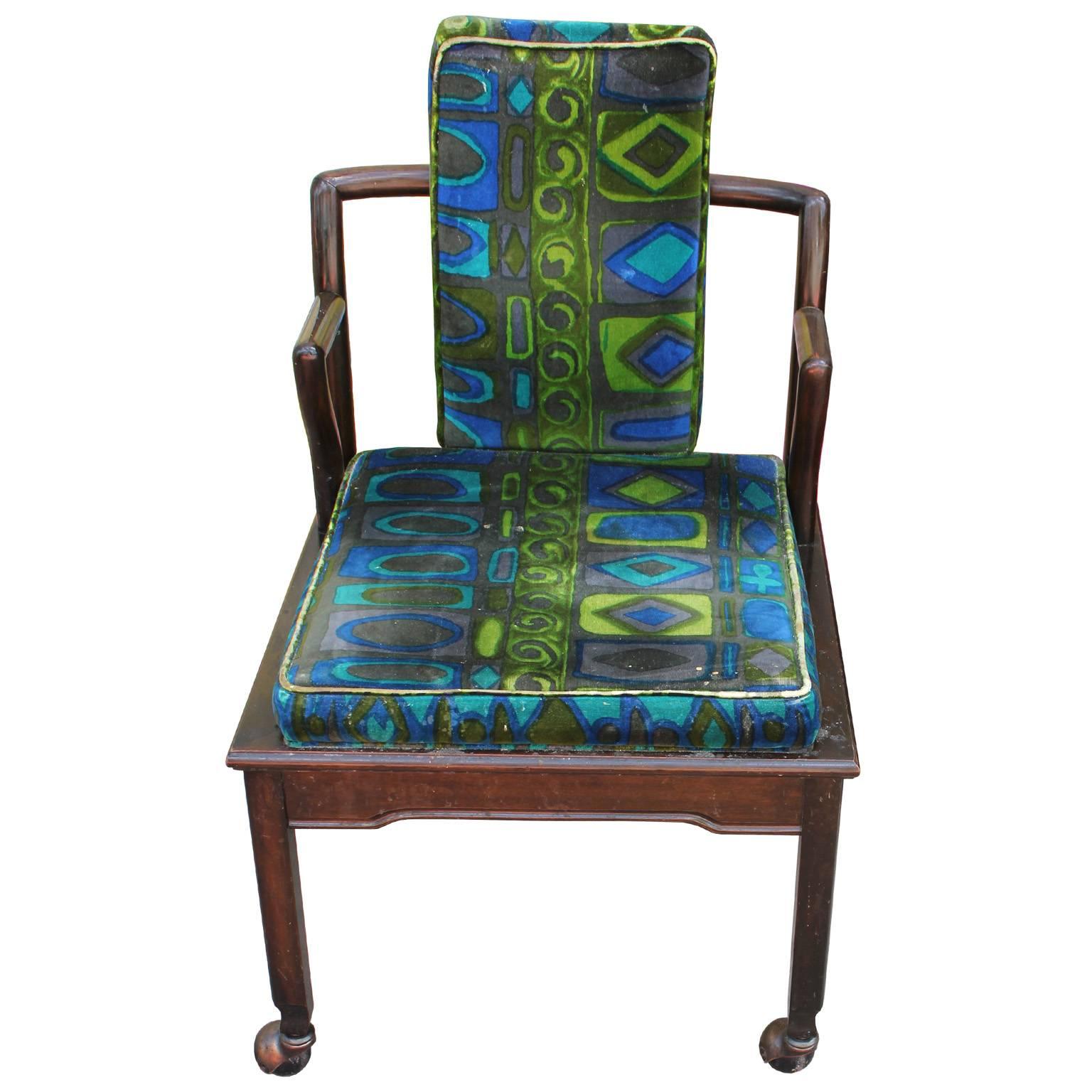 American Set of six Modern Widdicomb Dining Chairs in Jack Lenor Larsen Blue Green Velvet