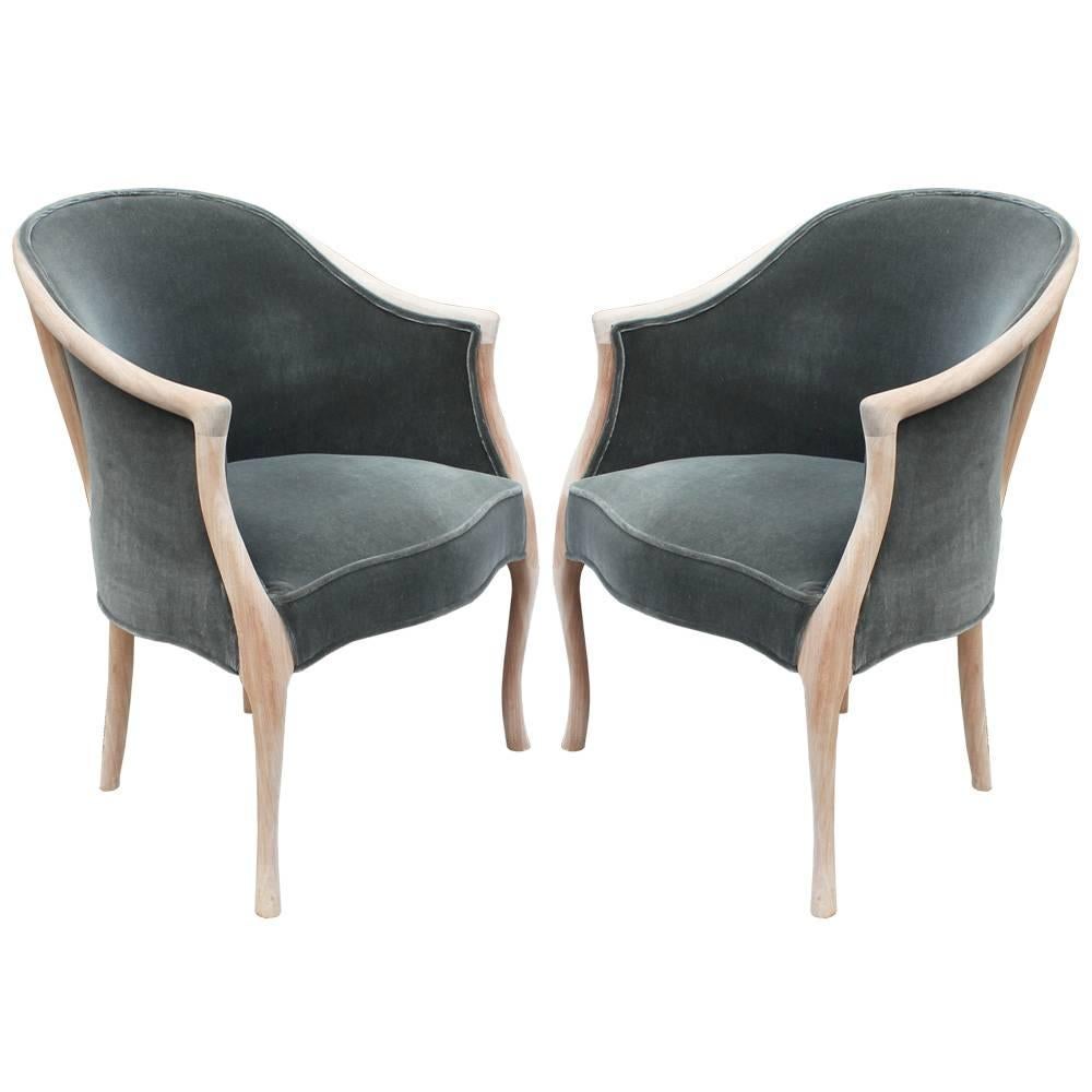 Sophisticated Pair of Barrel Back Bleached Mohair Chairs by Baker