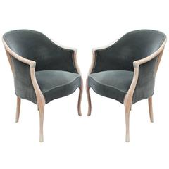 Sophisticated Pair of Barrel Back Bleached Mohair Chairs by Baker