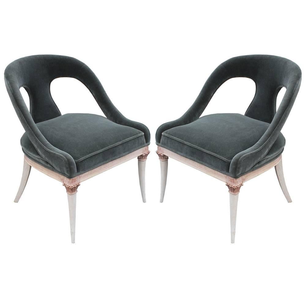Pair of Modern Lounge Chairs with Corinthian Detailing in Green Grey Mohair