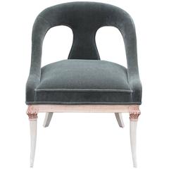 Pair of Modern Lounge Chairs with Corinthian Detailing in Green Grey Mohair