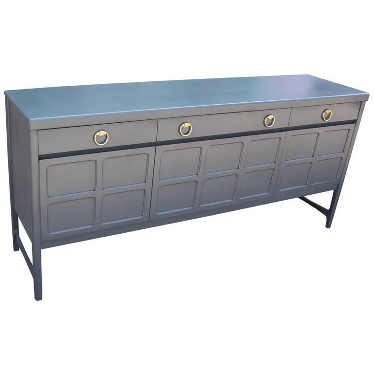 French Blue Grey Modern Mahogany Teak Sideboard / Credenza with Brass