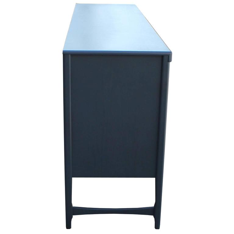 French Blue Grey Modern Mahogany Teak Sideboard / Credenza with Brass