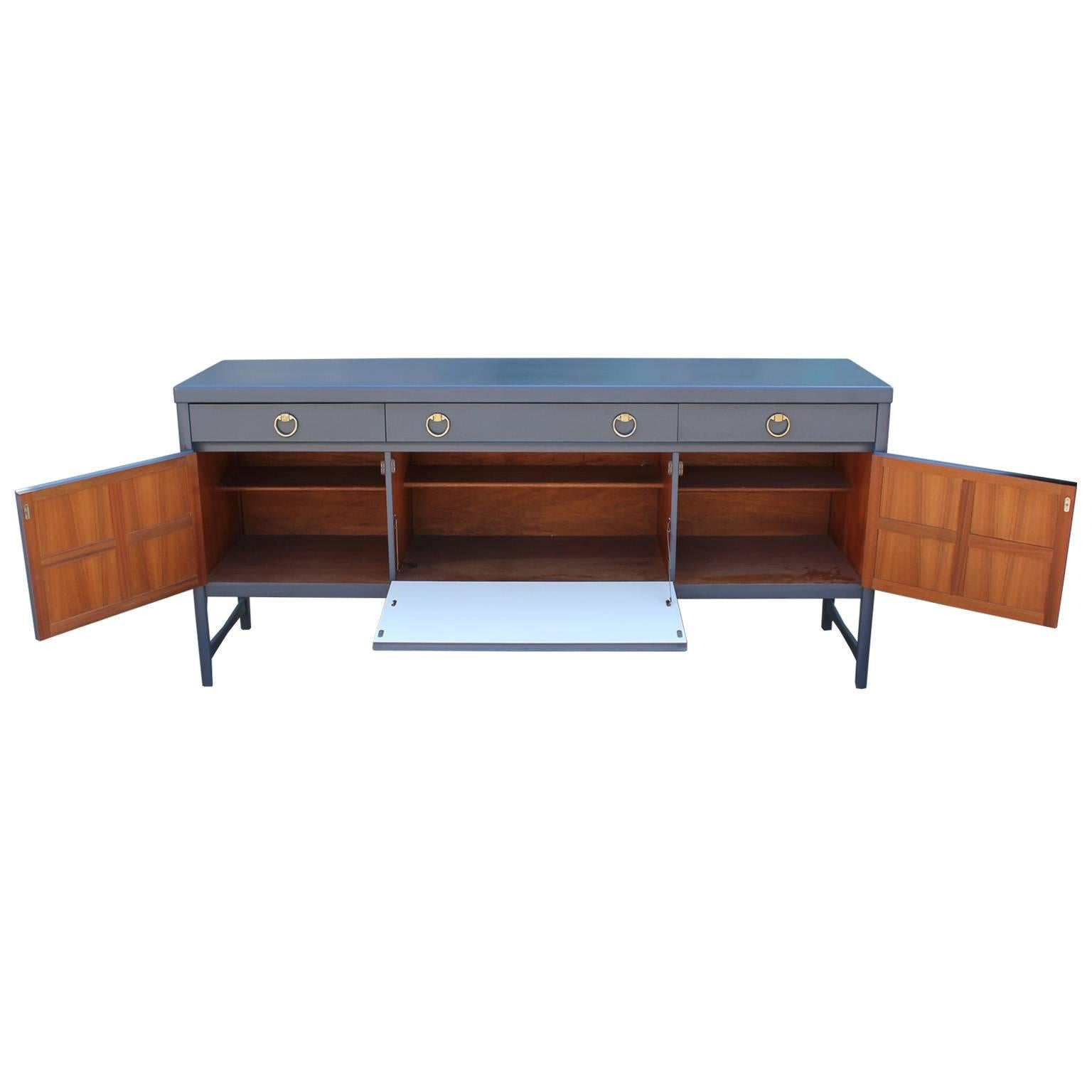 European French Blue Grey Modern Mahogany Teak Sideboard / Credenza with Brass Hardware