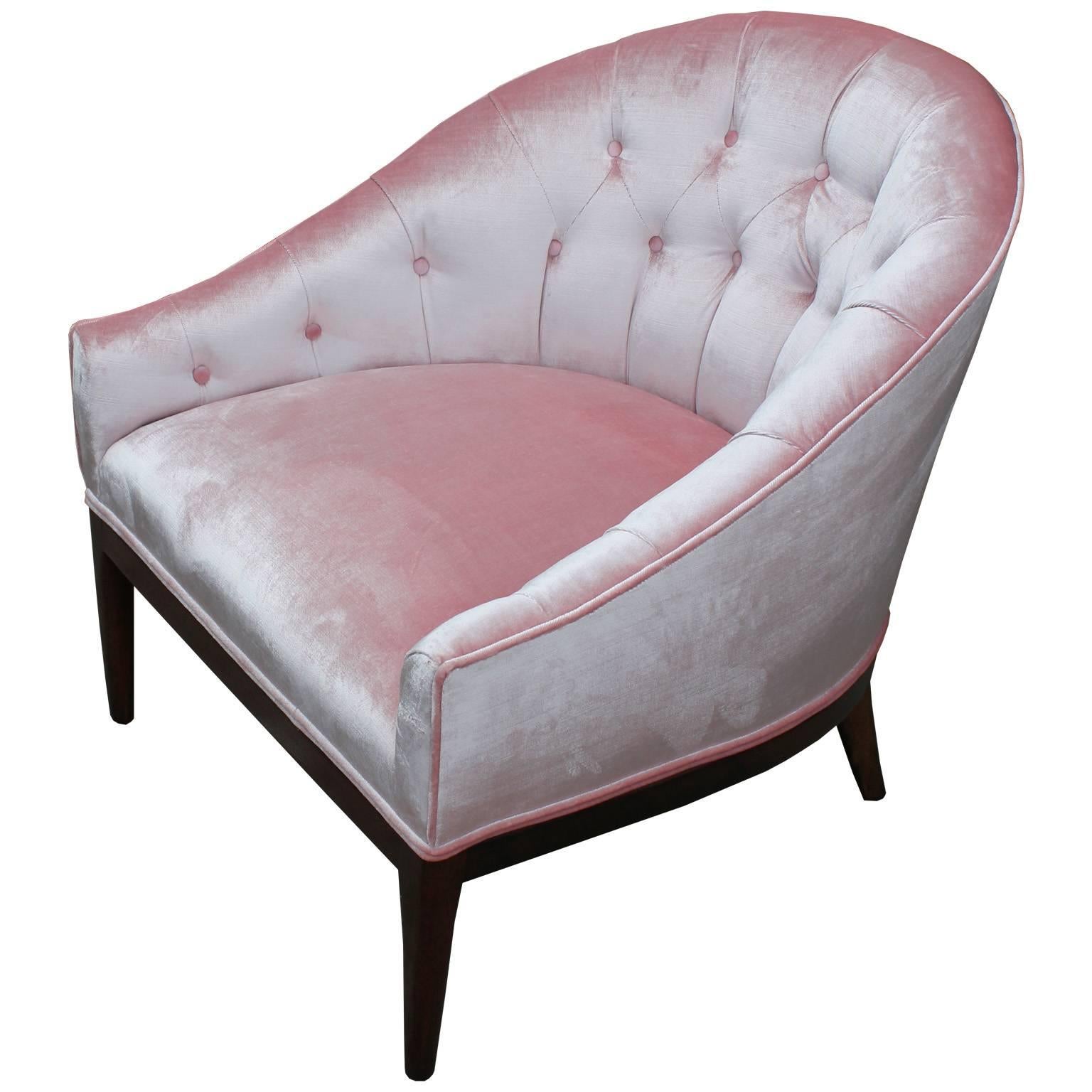 Mid-Century Modern Luxe Pair of Modern Tufted Barrel Back Chairs in Ballet Pink Velvet and Walnut
