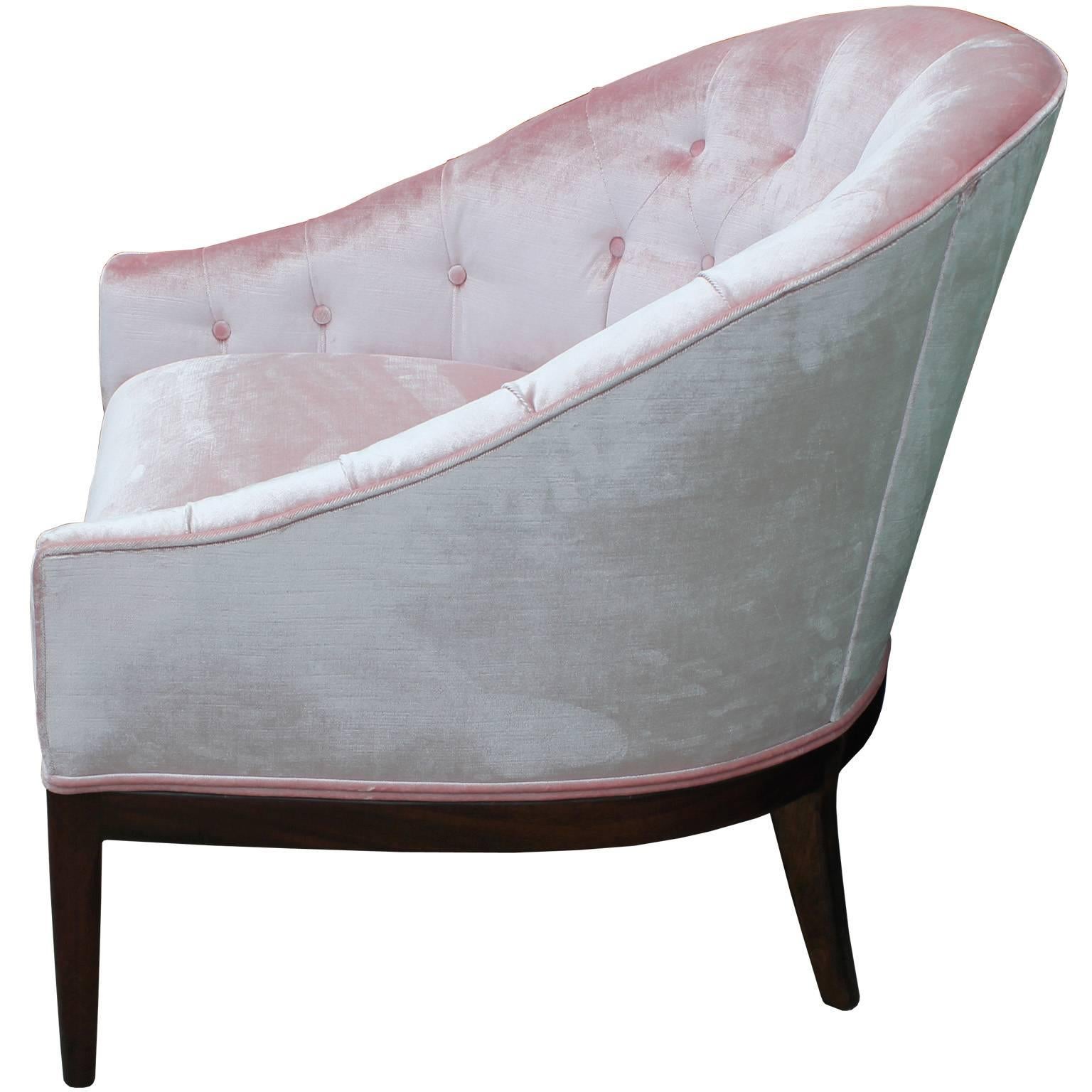North American Luxe Pair of Modern Tufted Barrel Back Chairs in Ballet Pink Velvet and Walnut