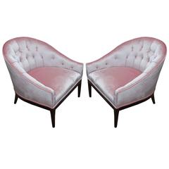 Luxe Pair of Modern Tufted Barrel Back Chairs in Ballet Pink Velvet and Walnut