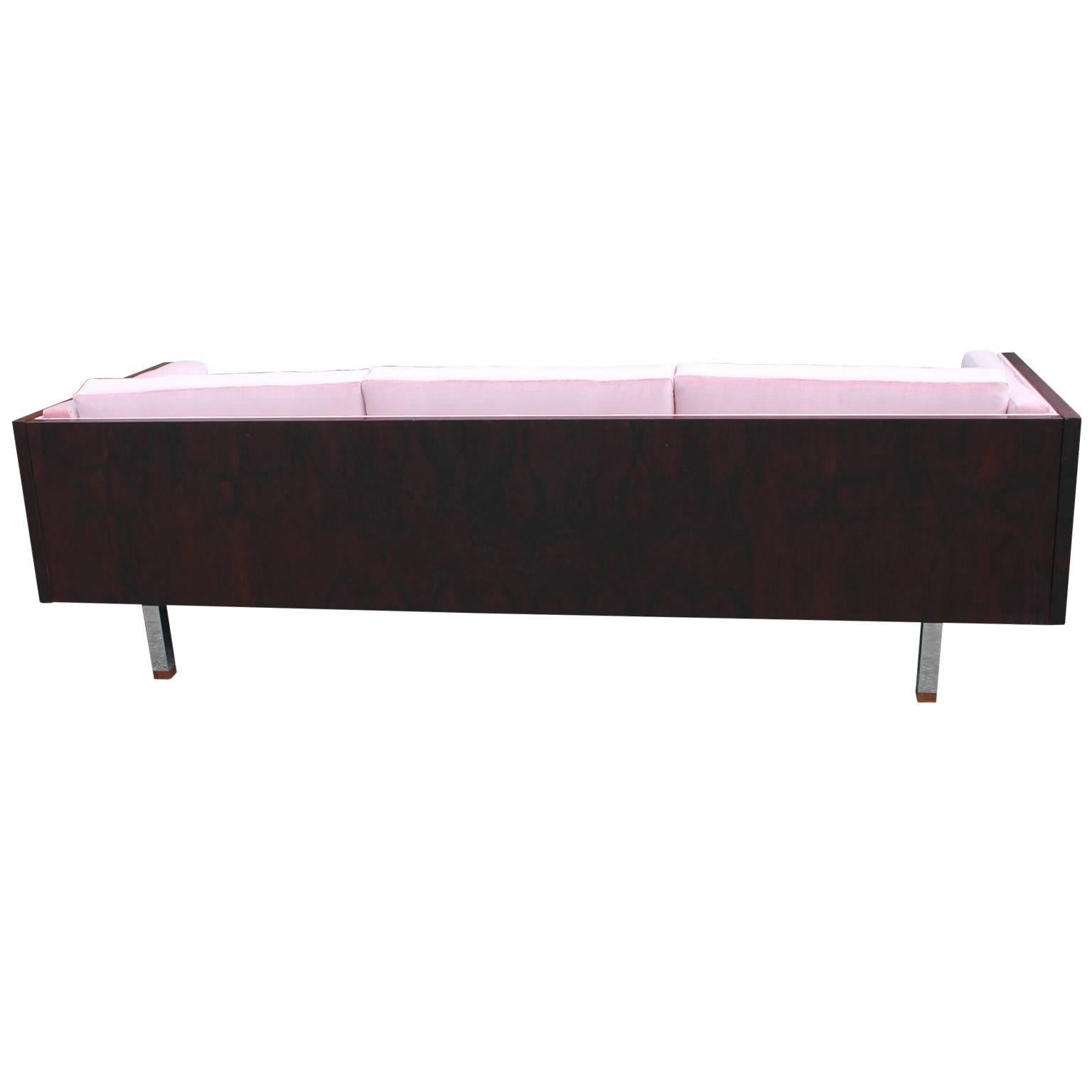 Mid-Century Modern Exquisite Rosewood Case Sofa in Pale Pink Velvet
