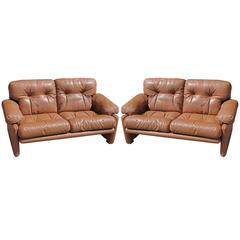 Pair of Brown Leather Tobia Scarpa for B&B Italia Coronado Modern Loveseats