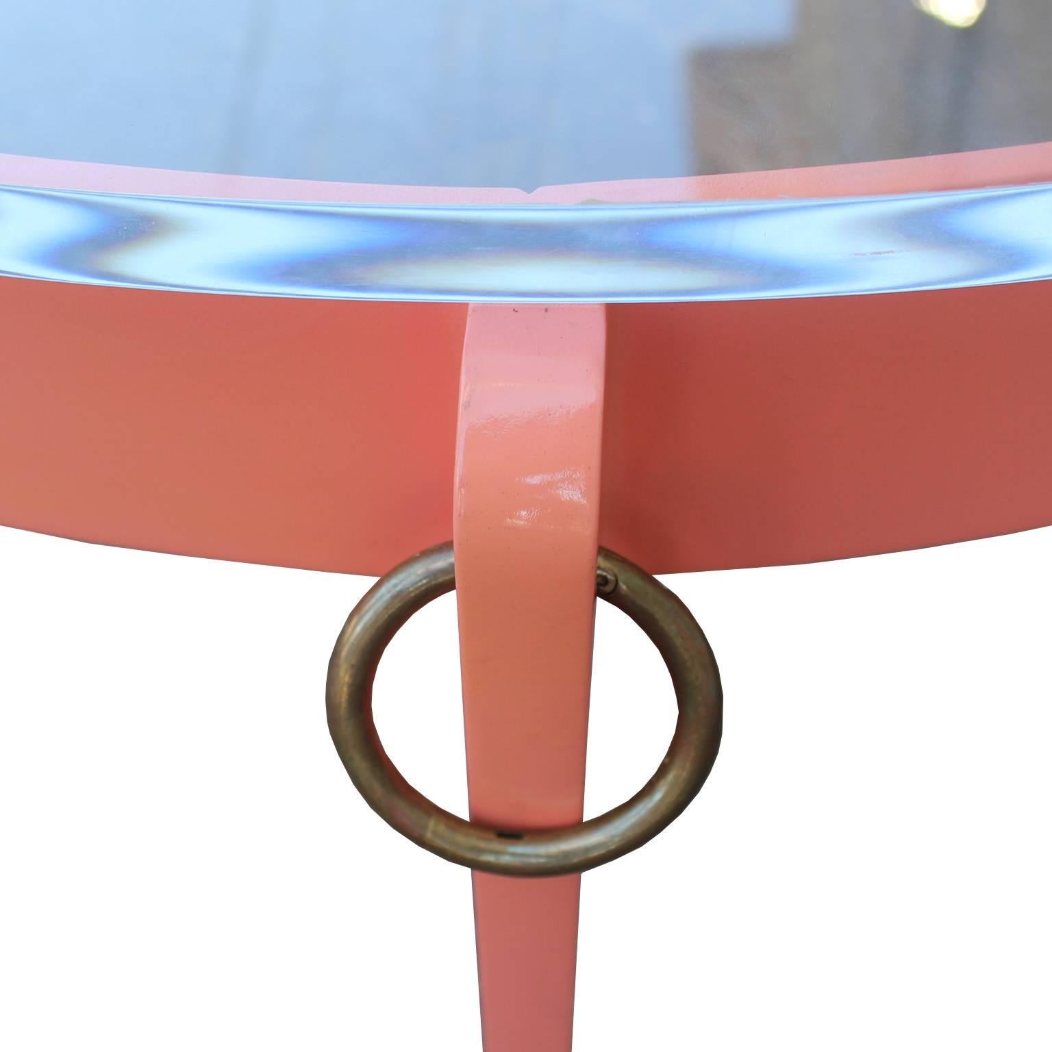 North American Round Coral Lacquer Modern Coffee Table Topped with Lucite Top and Brass Rings