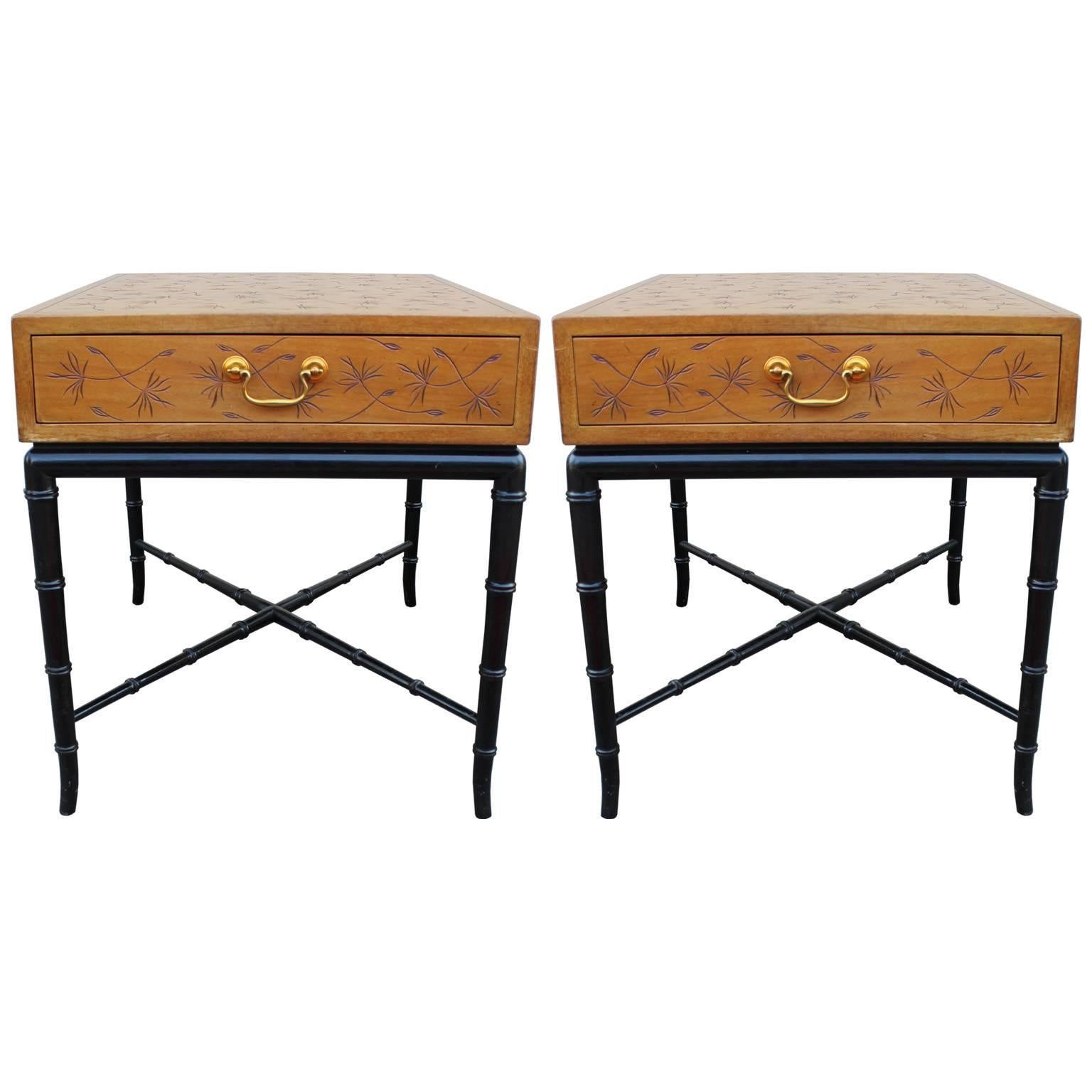 Pair of Incised Kittinger Modern Side Tables / Nightstands with Faux Bamboo Legs