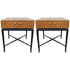 Pair of Incised Kittinger Modern Side Tables / Nightstands with Faux Bamboo Legs