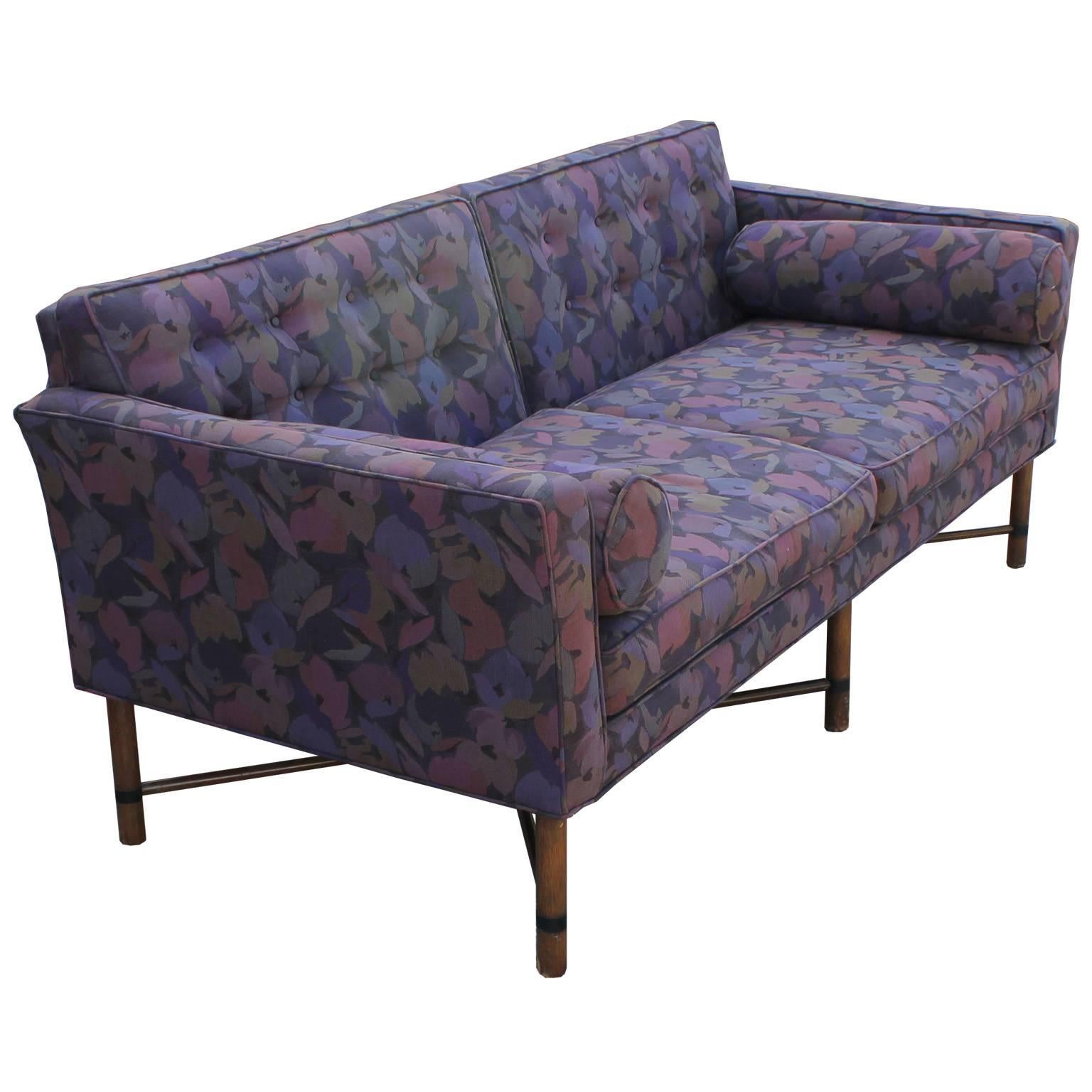 Brass Harvey Probber Seating Group Vintage Modern Sofa and Loveseat in Purple Floral