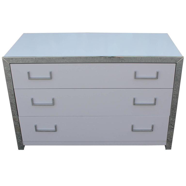 Beautiful Clean Lined Grey Lacquer and Chrome Modern Chest / Dresser