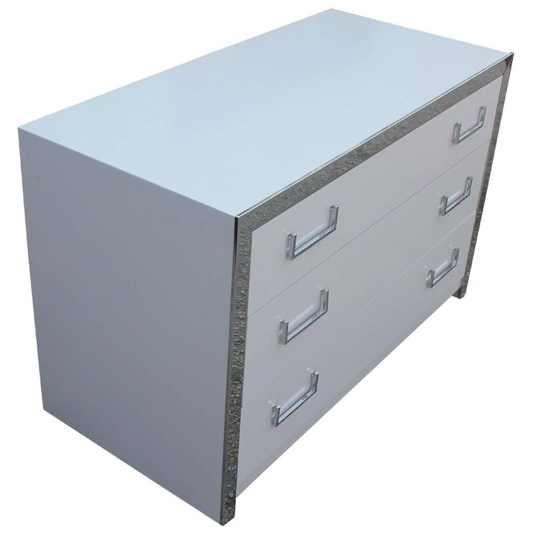 Beautiful Clean Lined Grey Lacquer and Chrome Modern Chest / Dresser at