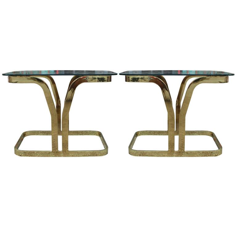 Luxe Pair of Modern Cantilevered Brass and Glass Side Tables For Sale
