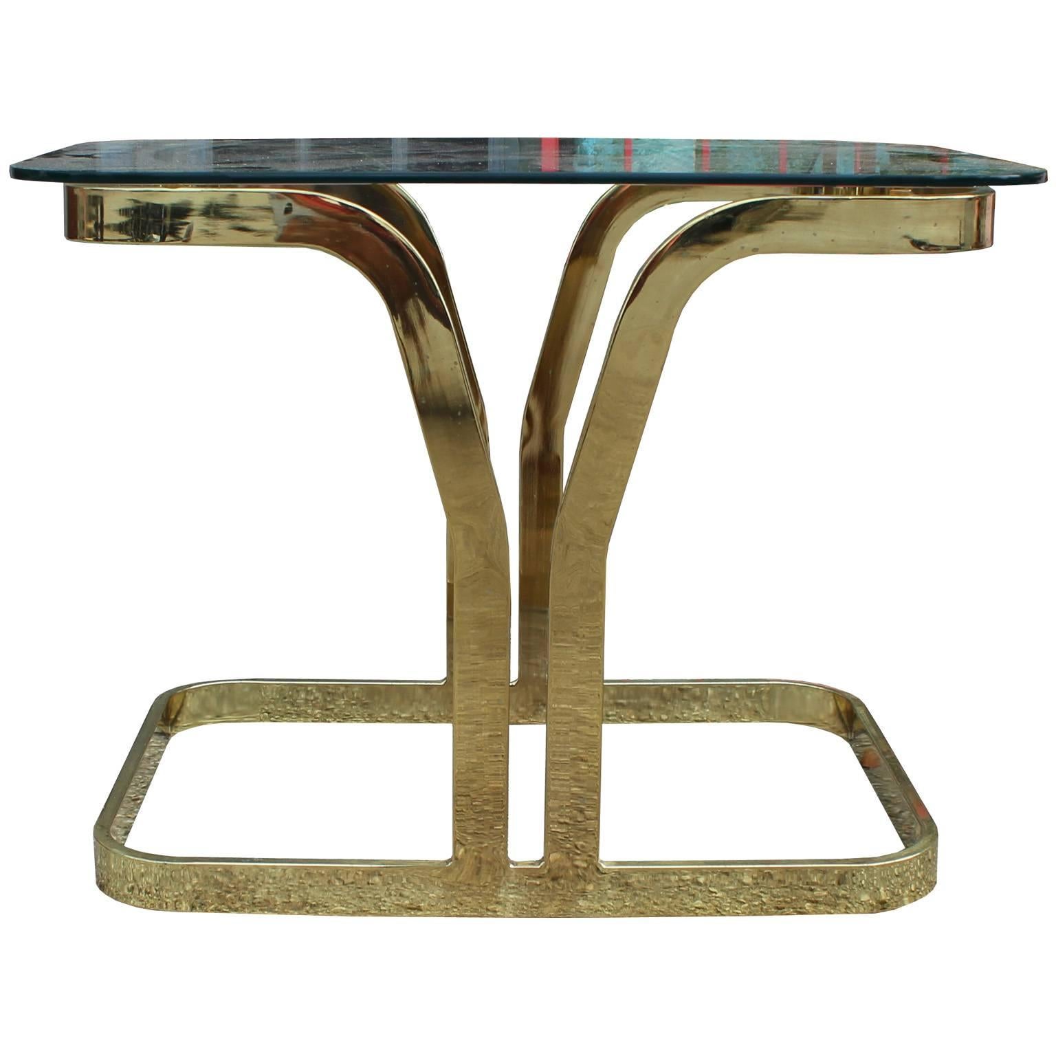 Mid-Century Modern Luxe Pair of Modern Cantilevered Brass and Glass Side Tables