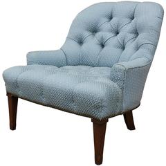 Pair of Modern French Tufted Slipper Lounge Chairs in Baby Blue Fabric