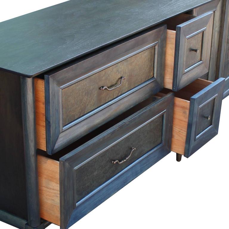 Modern Blue Dyed Burl Wood Sideboard / Credenza with Copper Hardware at