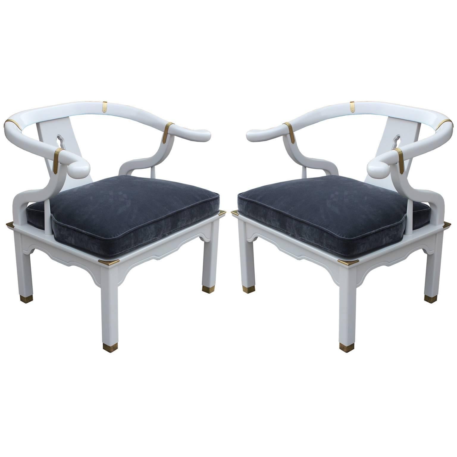 Pair of Modern White Lacquer and Gray Velvet Barrel Back Asian Lounge Chairs