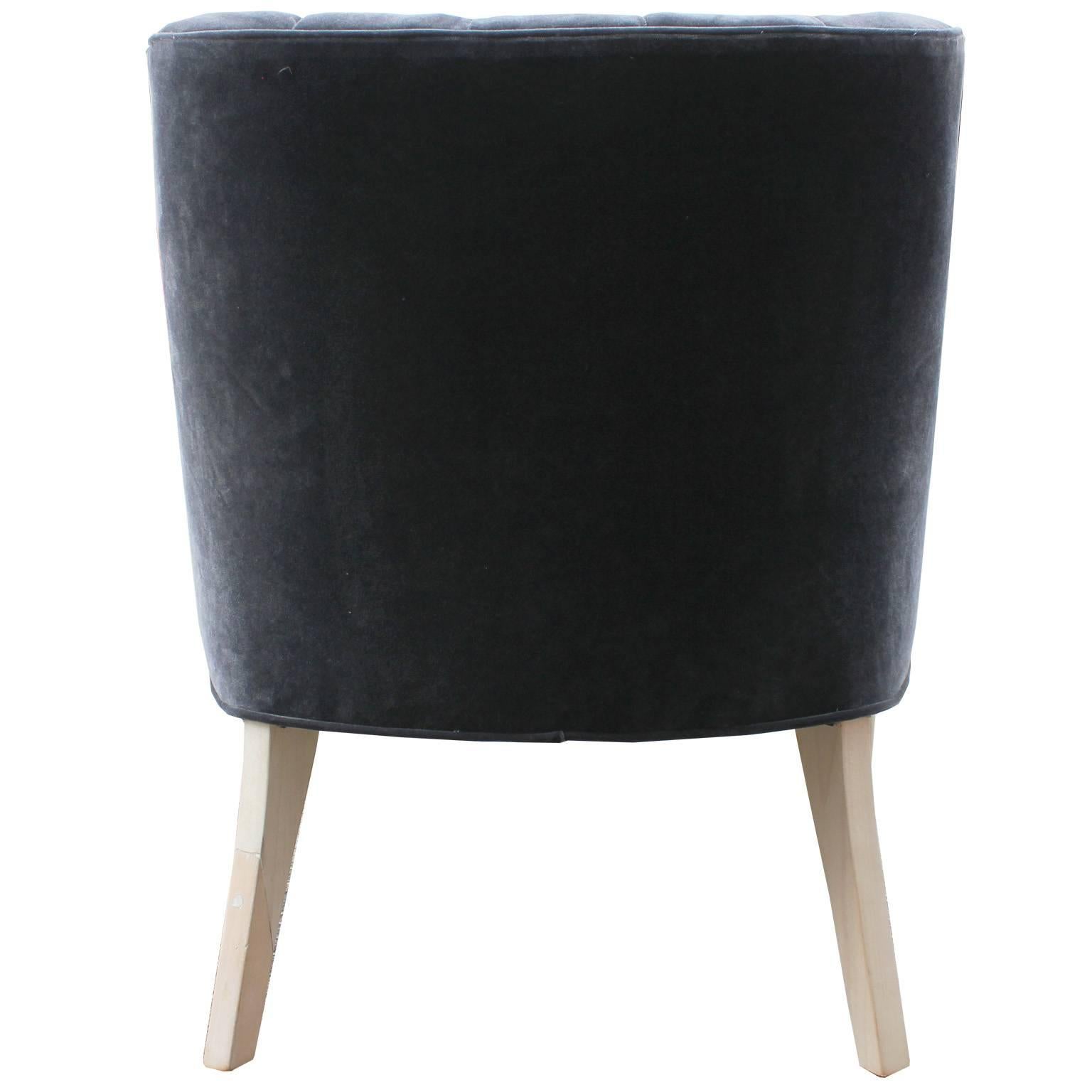 American Modern Bleached Wood and Tufted Grey Velvet French Lounge Chair