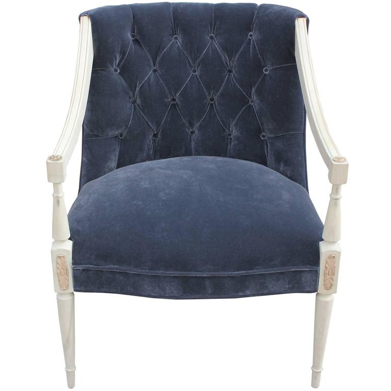 Modern Bleached Wood and Tufted Grey Velvet French Lounge Chair For
