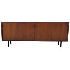 Early Walnut Modern Knoll Sliding Door Sideboard with Vintage Leather Pulls