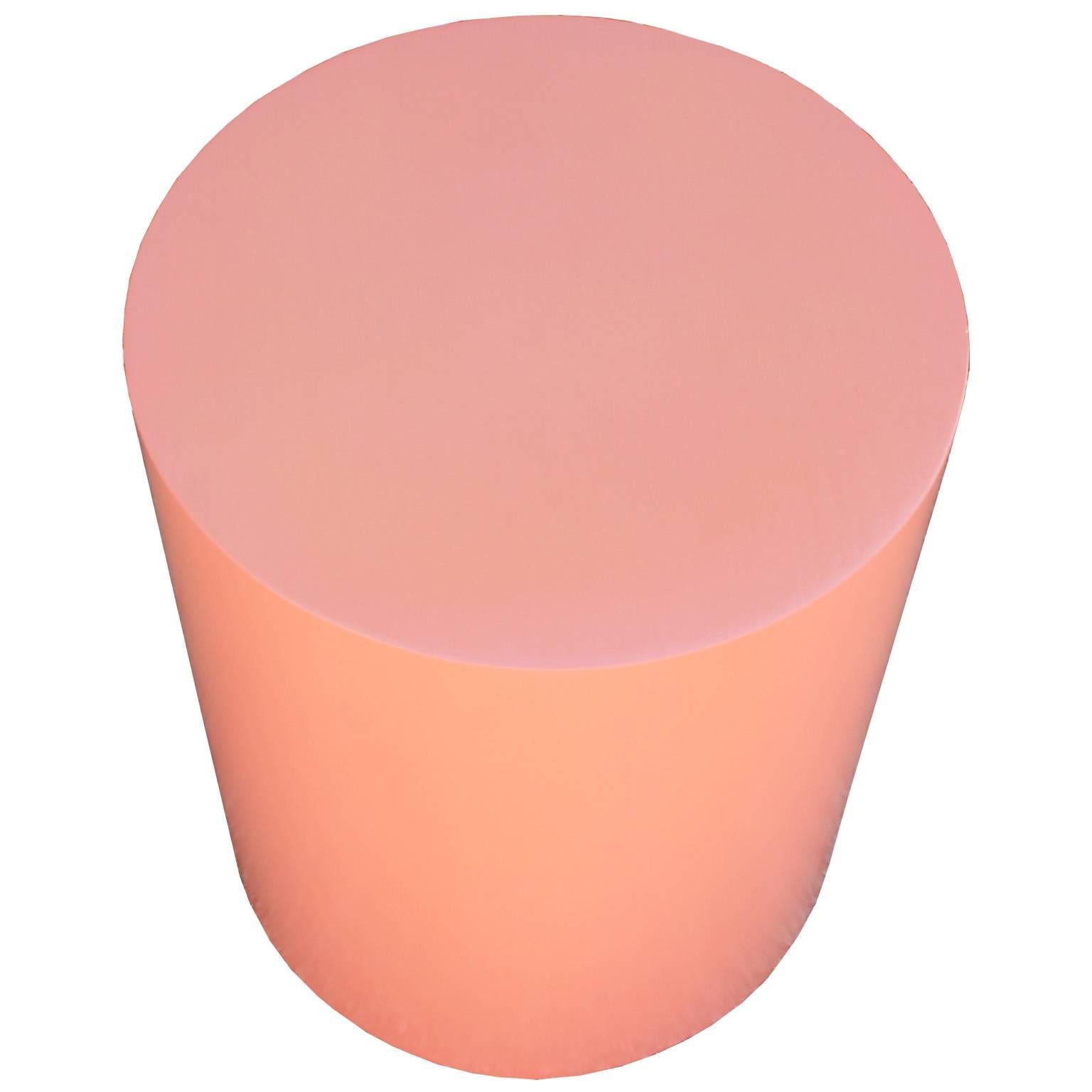 Eye catching cylinder shaped side or accent table. Table is freshly finished in an unbelievably smooth coral pink lacquer. Table adds the perfect pop of color to any space. Would looks perfect in a modern or Mid-Century interior.