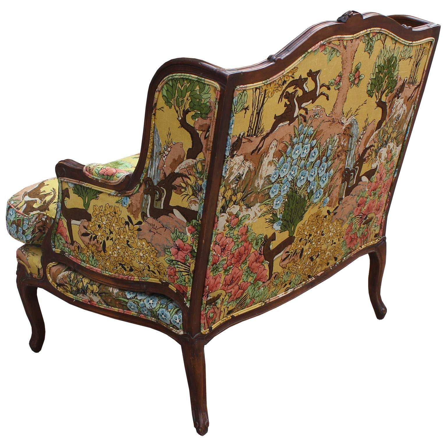 French Provincial Large French Bergere Chair with Gold Yellow Wildlife Upholstery