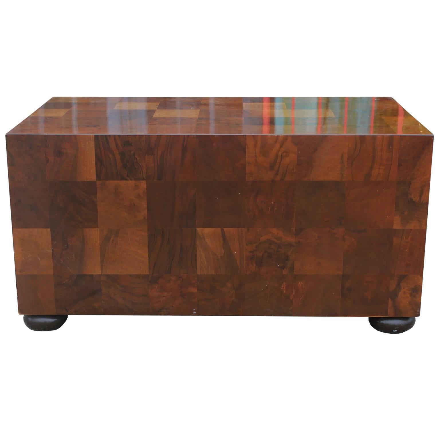 Hollywood Regency Modern Checkered Parquetry Low Chest with Brass Hardware