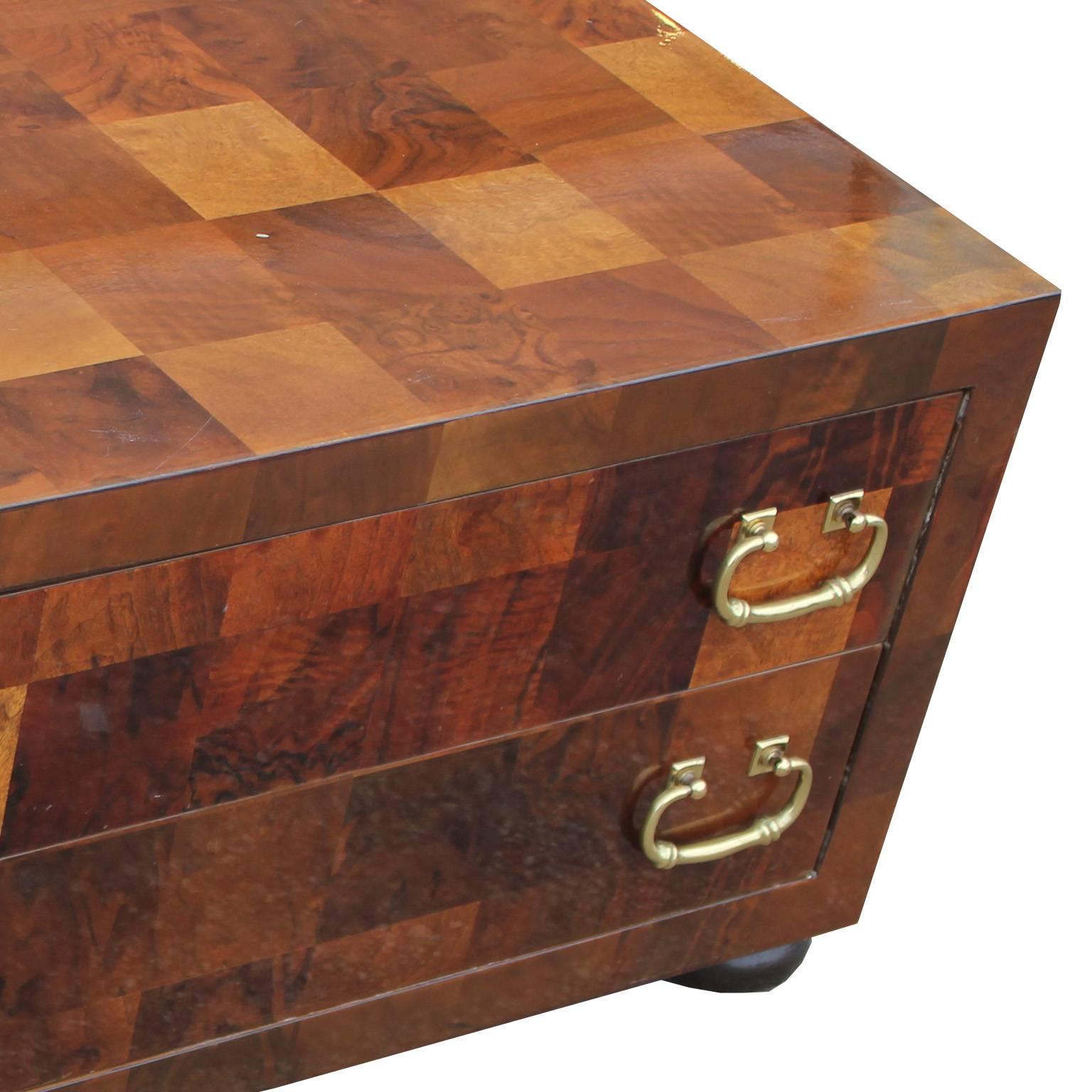 Modern Checkered Parquetry Low Chest with Brass Hardware In Excellent Condition In Houston, TX
