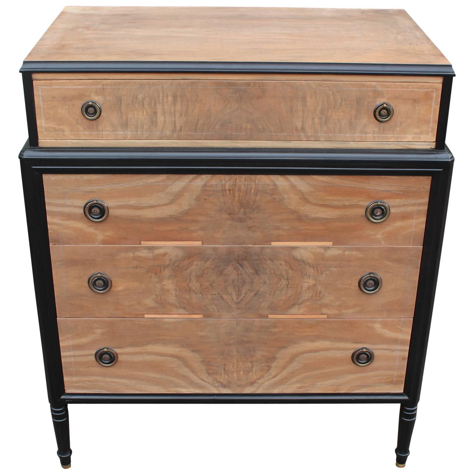 Beautiful natural walnut Victorian bespoke dresser with black accents. The four-drawer fronts have a stunning matched grain. Brass hardware has a fabulous patina. Four drawers provide excellent storage. Would be perfect in a traditional, Hollywood