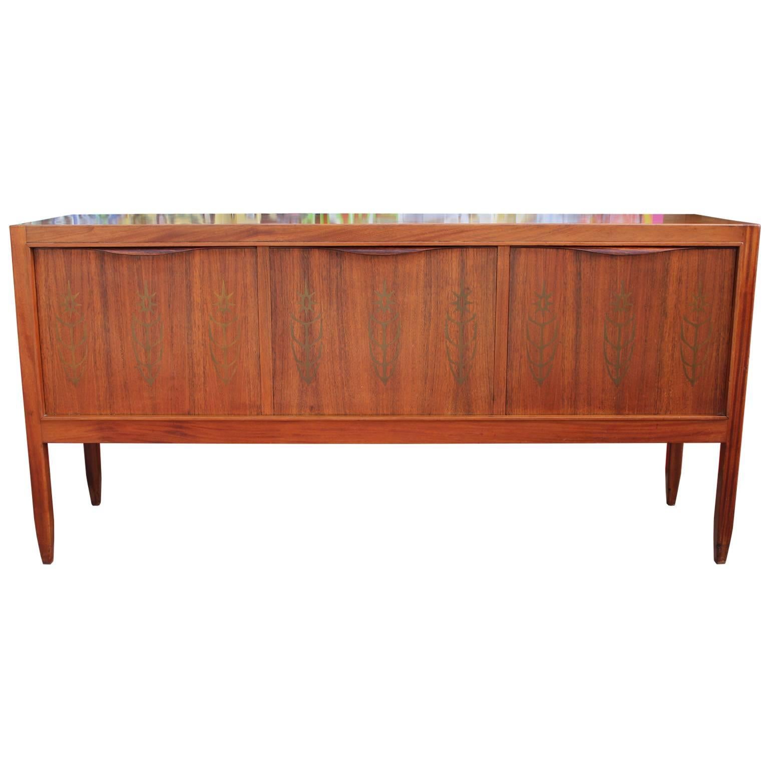 Modern Teak Sideboard or Cabinet with Brass Inlays and Flower Motif