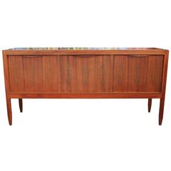 Vintage Modern Teak Sideboard or Cabinet with Brass Inlays and Flower Motif