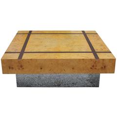 Modern Burl and Chrome Square Coffee Table with Dark Walnut Inlay