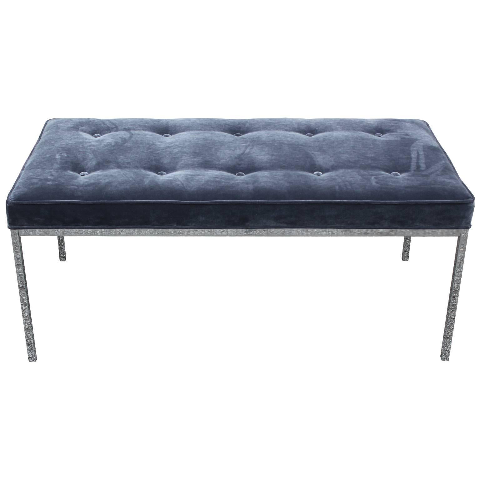 Elegant Florence Knoll modern bench freshly upholstered in a luxe grey velvet. A clean lined chrome base finishes the piece. 