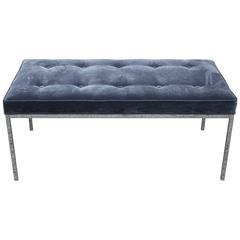 Clean Lined Modern Grey Velvet and Chrome Knoll Bench