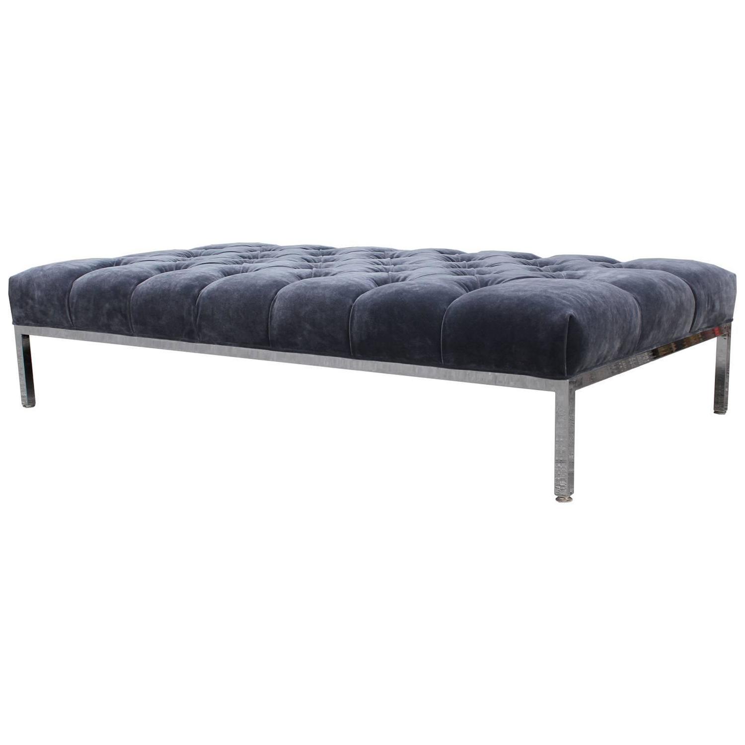 Fabulous Deeply Tufted Grey Velvet Ottoman Bench or Coffee Table For