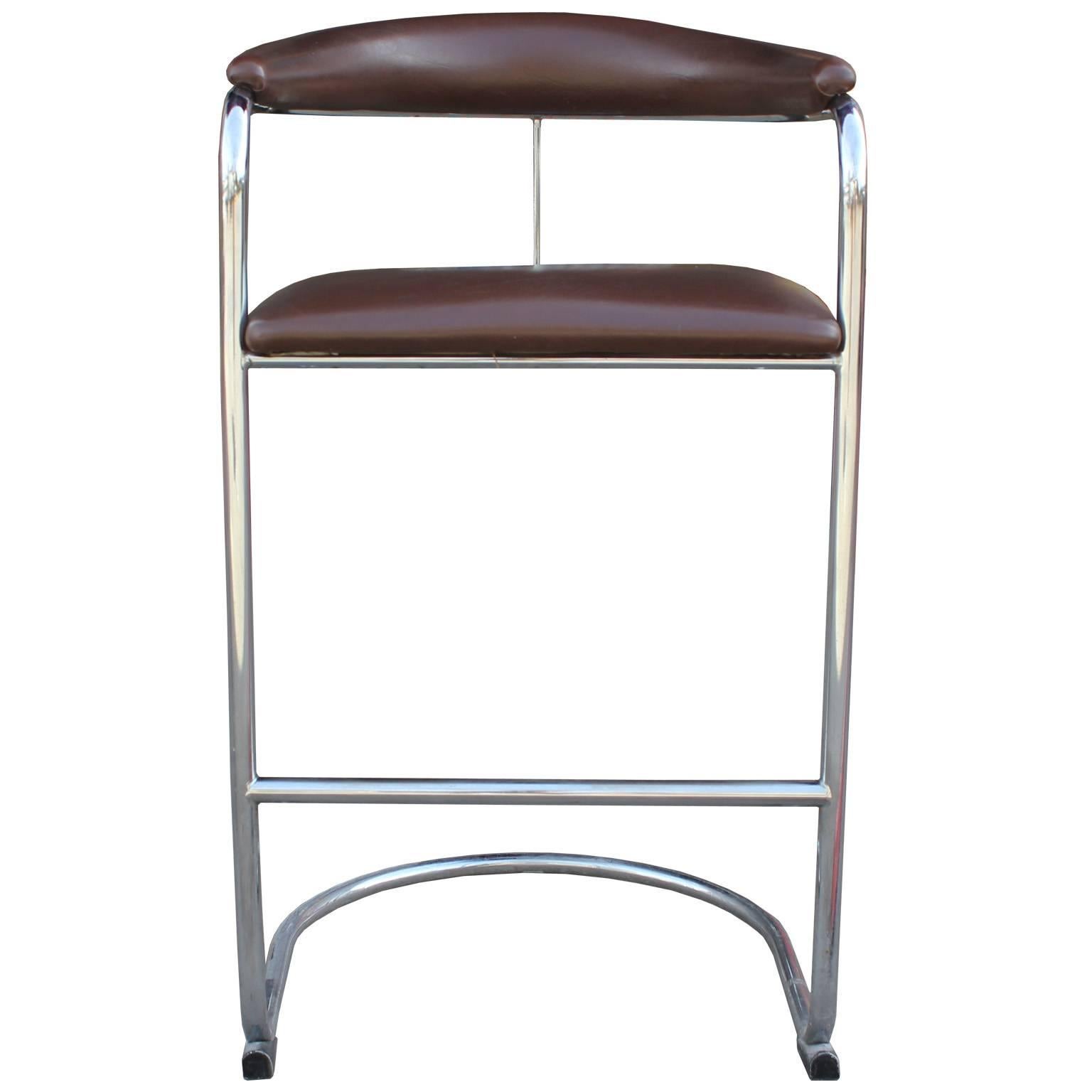 Great set of three brown leather and chrome thonet barstools. These are bar height and in excellent vintage condition, 1970s.