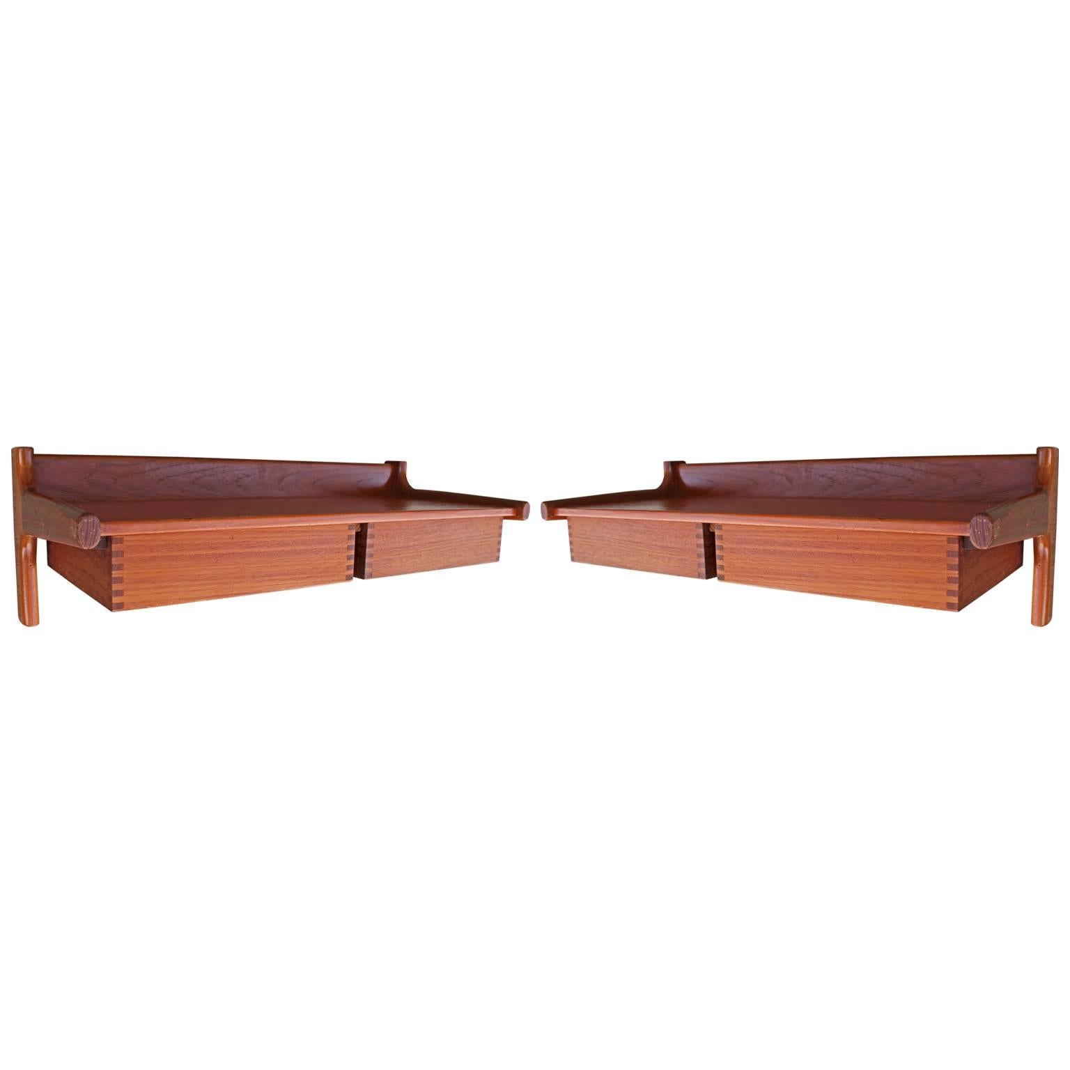 Pair of Danish Teak Modern Floating Wall Shelves or Nightstands with Drawers