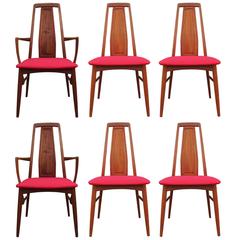 Set of Six Koefoeds or Hornslet Modern Danish Teak Dining Chairs Red Cushioned