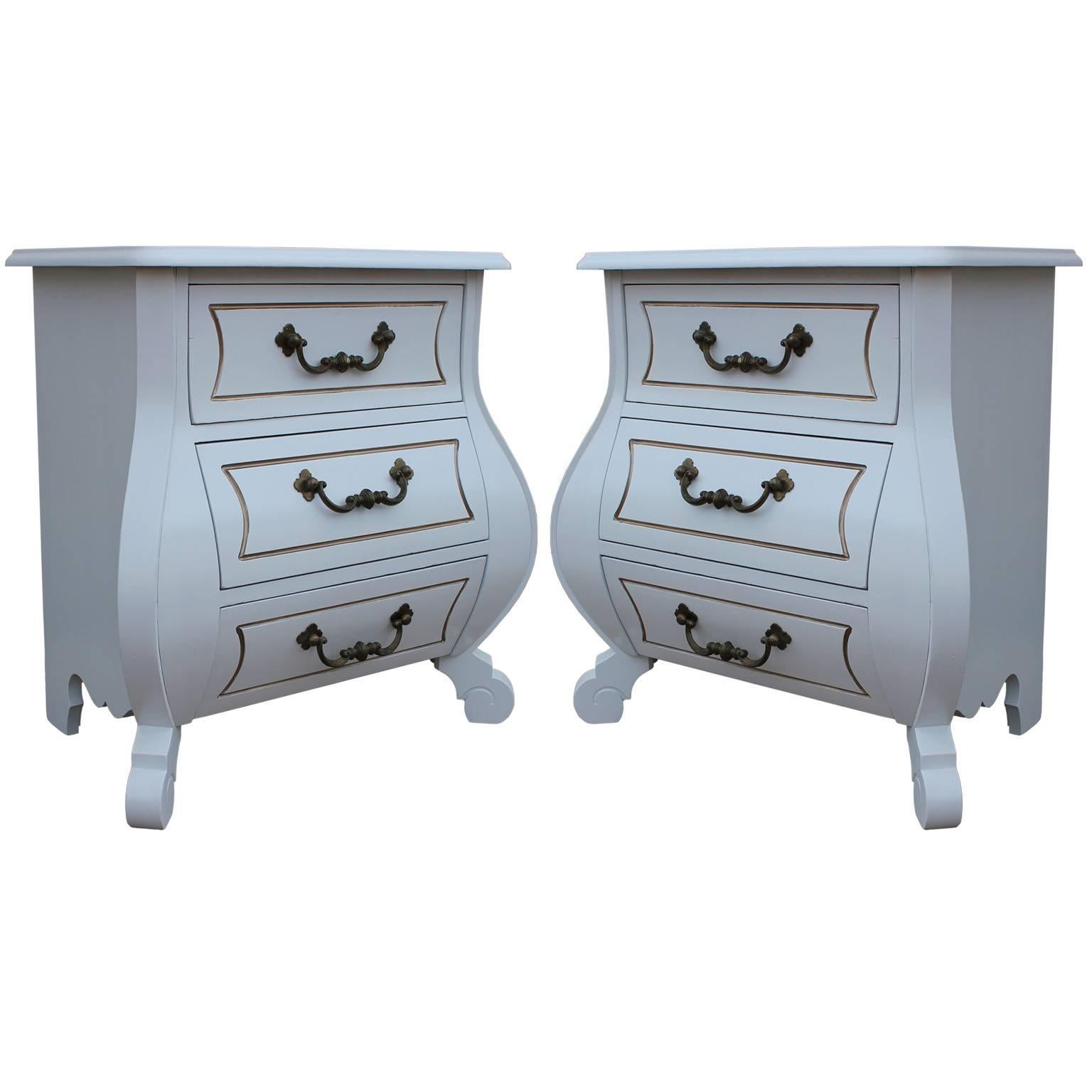White Pair of Modern Bombay Chest/Nightstands with Brass Hardware