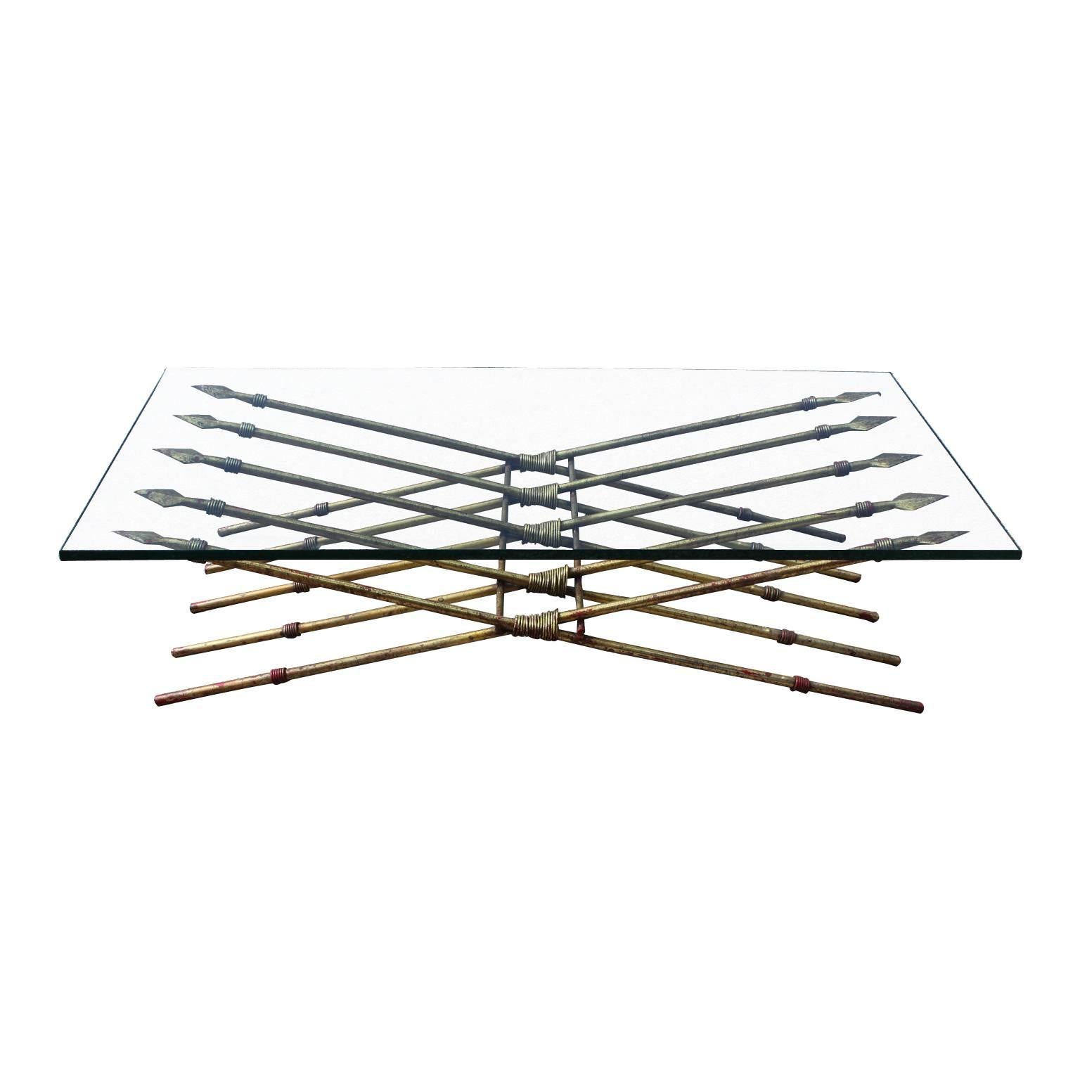 Modern Gold Leaf Spear Coffee Table with Glass Top