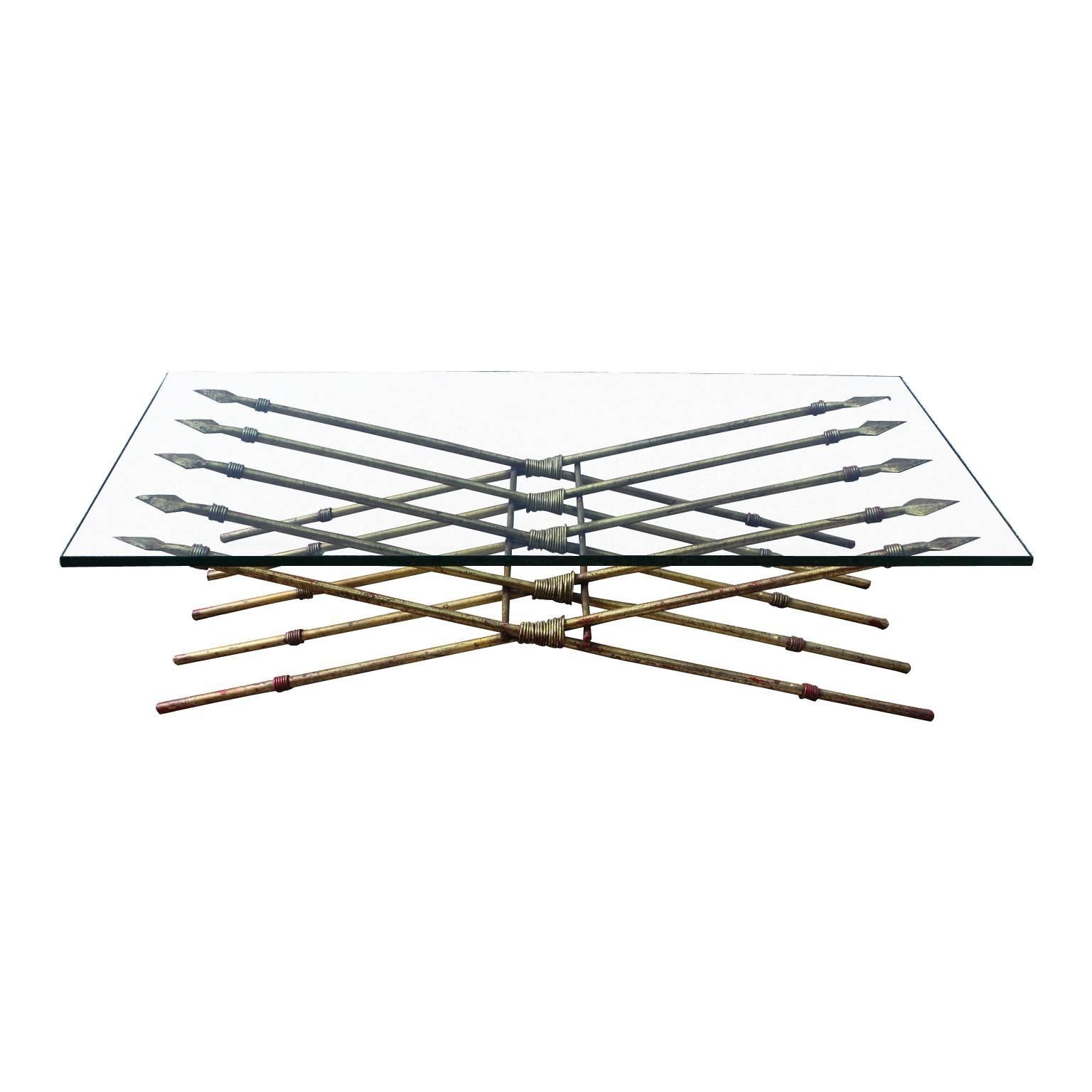 Modern Gold Leaf Spear Coffee Table with Glass Top