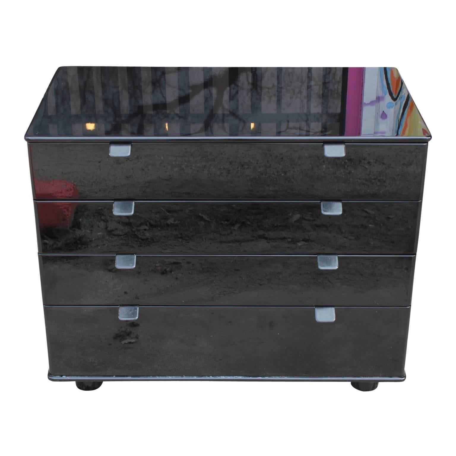 PAIR of Black Lacquer Modern Chests with Leather Handles In Excellent Condition In Houston, TX
