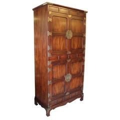 Large Modern Henredon Walnut Cabinet Wardrobe with Brass Asian Detailing