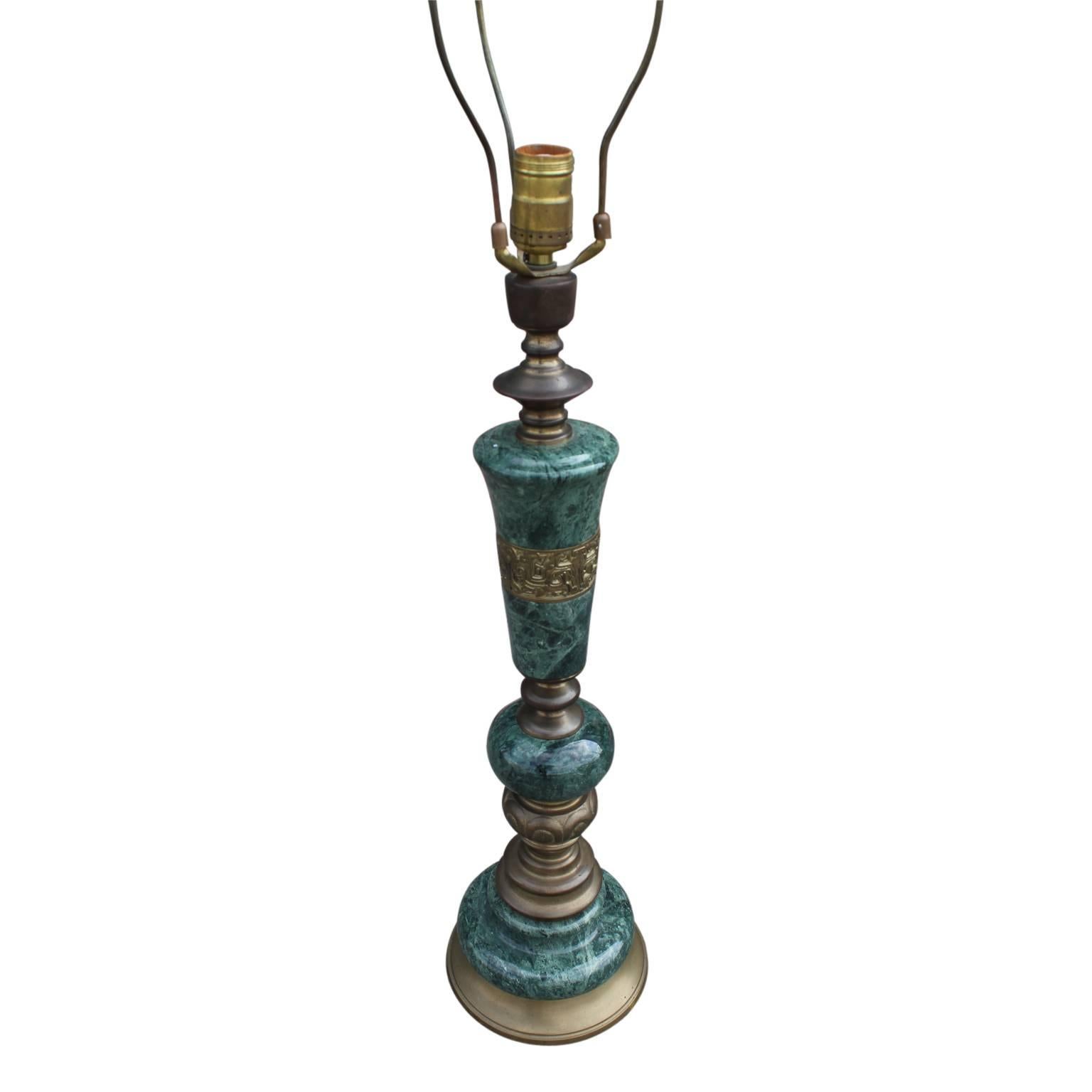 Pair of green marble and brass modern table lamps with an Asian or oriental inspiration.